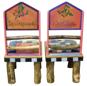 Sticks Chair Set with Leather Seats – Patchwork chair motifs with a celestial night and day theme for each chair, both with soaring birds in landscape scenes back view