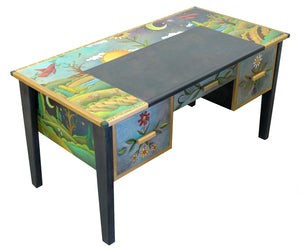 Large Desk – Day and night landscape scene desk design with red birds and floral accents main view