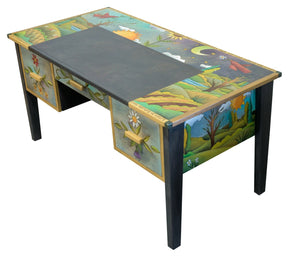 Large Desk – Day and night landscape scene desk design with red birds and floral accents side view