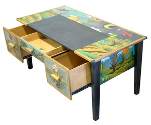 Large Desk – Day and night landscape scene desk design with red birds and floral accents side view with drawers open