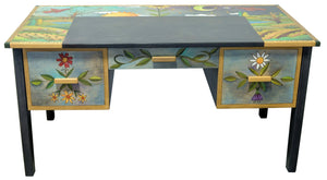 Large Desk – Day and night landscape scene desk design with red birds and floral accents front view