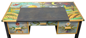 Large Desk – Day and night landscape scene desk design with red birds and floral accents top view