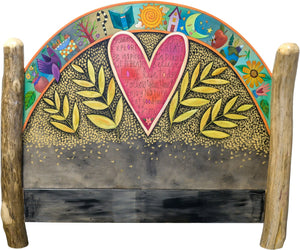 Queen Headboard – Beautifully bold headboard with a giant heart, floating icons above, and metallic gold paint dabs all around