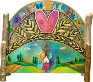 Queen Bed – Beautifully bold bed with a giant heart and floating icons above and coordinating footboard with stacked icons in a landscape motif main view