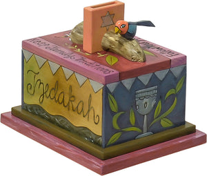 Tzedakah Box – "Tzedakah" box with symbolic imagery painted in a classic color palette front view