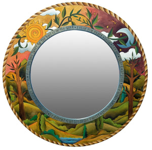 Large Circle Mirror – Elegant large round mirror with sun and moon motif, rolling landscapes, and a coiled rope border