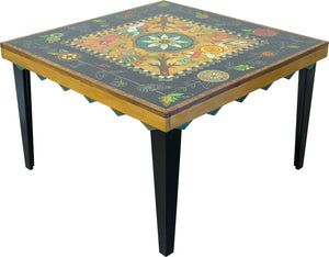 48" Square Dining Table – Beautiful mashup of a contemporary floral vine and floating icon center designs accented with scratchboard front angle view
