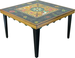 48" Square Dining Table – Beautiful mashup of a contemporary floral vine and floating icon center designs accented with scratchboard back angle view
