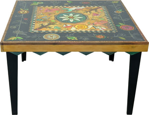 48" Square Dining Table – Beautiful mashup of a contemporary floral vine and floating icon center designs accented with scratchboard back view