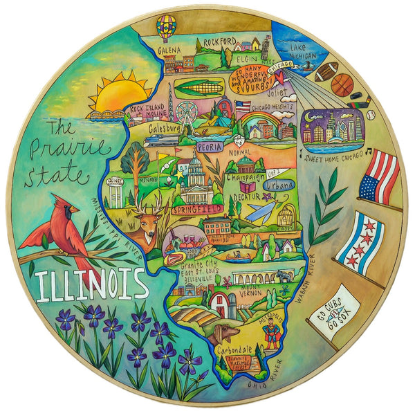 28" Lazy Susan – "The Prairie State" Illinois map lazy susan surrounded my prominent state symbols and flags