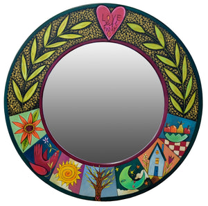 Large Circle Mirror – Beautifully bold mirror with boxed icons and metallic gold paint dabs all around