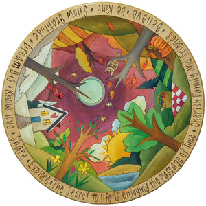 20" Lazy Susan – Four seasons landscape design with a cardinal in winter, daffodils in spring, picnic in summer, and owl in the fall