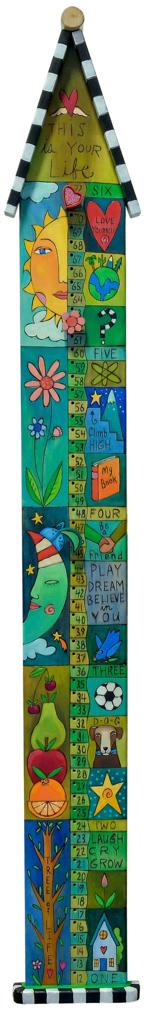 Growth Chart with Pegs – Blue and green growth chart with playful imagery mixed in with inspirational words and phrases