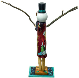 Medium Snowman Sculpture –  "Home for the holidays" snowman with a large cozy home and speckled blue base back view