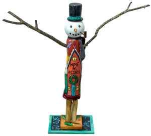 Medium Snowman Sculpture –  "Home for the holidays" snowman with a large cozy home and speckled blue base front view