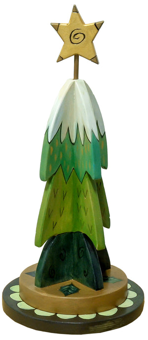 Small Christmas Tree Sculpture –  Sweet little green layered tree with a snowcapped top and leaves on its base back view