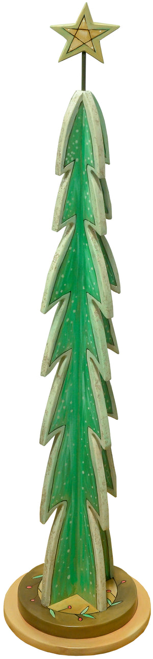 Large Christmas Tree Sculpture –  Green and silver tree with glitter accents on its edges and a simple berry wreath on its base front view
