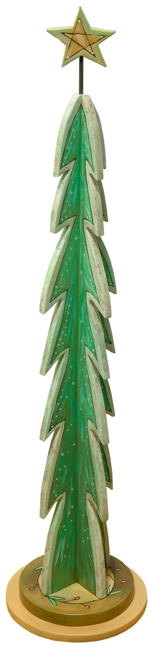 Large Christmas Tree Sculpture –  Green and silver tree with glitter accents on its edges and a simple berry wreath on its base back view