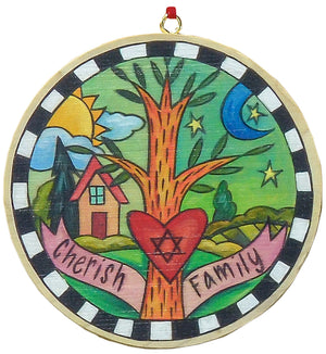 "My Mishpacha" Circle Ornament – "Cherish family" landscape design with a Star of David on a tree of life front view