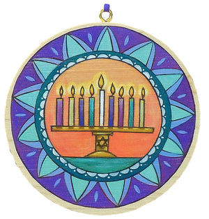 "Defy Darkness" Circle Ornament – Beautiful purple and blue menorah design to celebrate Hanukkah front view