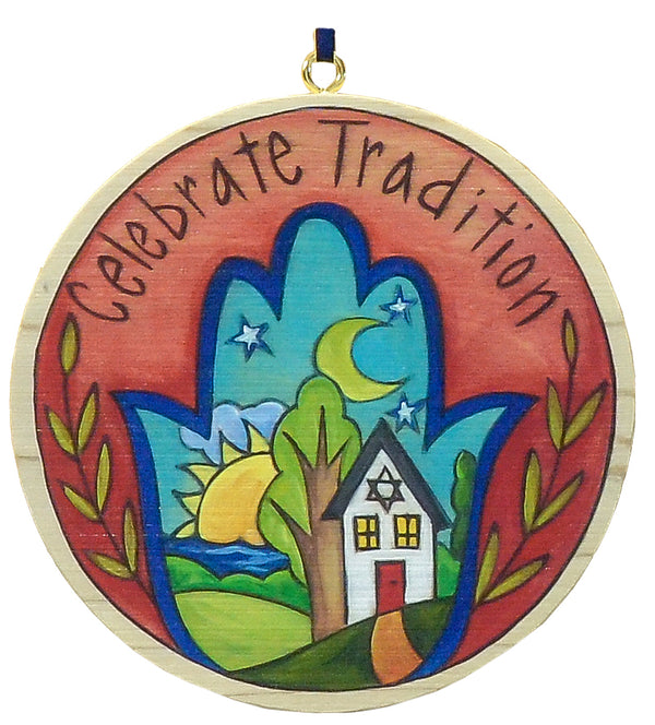 "Happy Hamsa" Circle Ornament – "Celebrate tradition" with a home inside a Hamsa hand cutout front view