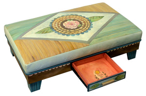 Ottoman with Drawer – Sweet floral ottoman design with stripe and scallop accents view with drawer open