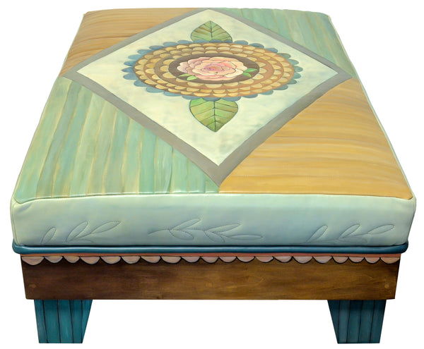 Ottoman with Drawer – Sweet floral ottoman design with stripe and scallop accents side view