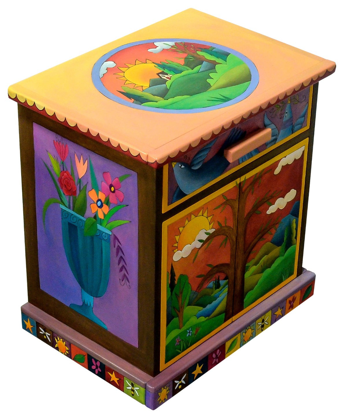 Nightstand Cabinet – Beautiful neutral and colorful nightstand with drawer and cabinet for storage featuring a lovely tree of life, floral motifs and cheerful birds main view