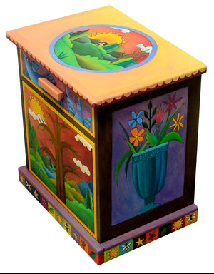 Nightstand Cabinet – Beautiful neutral and colorful nightstand with drawer and cabinet for storage featuring a lovely tree of life, floral motifs and cheerful birds side view
