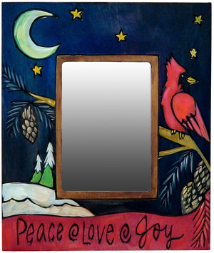 5"x7" Picture Frame – "Peace, love, joy" winter picture frame with a moonlit sky and a cardinal perched on a pine branch