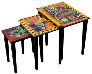 Nesting Table Set – Rich and eclectic nesting table set with crazy quilt, patchwork, and floral spray designs on each descending tabletop main view
