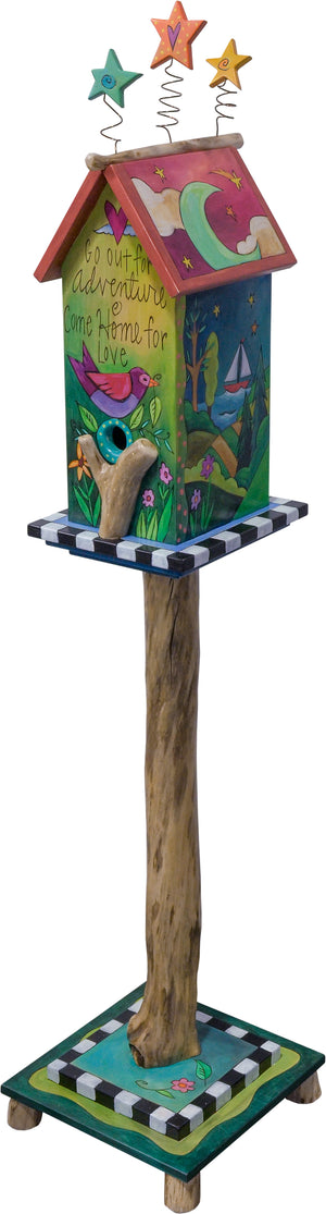 Birdhouse Post Sculpture – "Go out for adventure, come home for love" birdhouse with a bright and sunny landscape design wrapping around and dodad stars on top front view