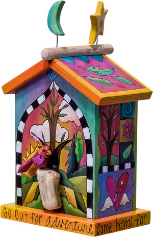 Small Birdhouse Sculpture – Beautiful wide birdhouse with a tree of life on its front and landscape scene on its back side front view