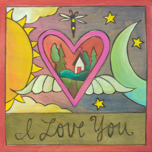 7"x7" Plaque – "I love you" plaque with a heart with wings design floating in a celestial sky