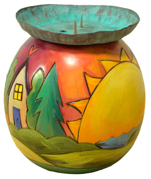 Ball Candle Holder –  Heart home and sun and moon painted candle base front view