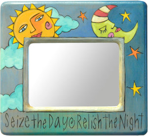 Extra Small Mirror – Celestial "seize the day, relish the night" sun and moon mirror motif