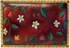 Ottoman – Lovely red "live life to the fullest" ottoman with a floral vine and rope border edge plus natural log legs that tie the whole look together top view