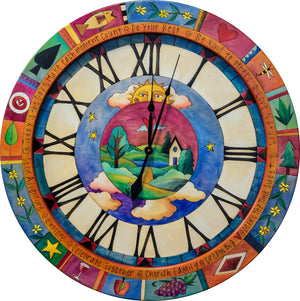 36" Round Wall Clock –  Bright and vibrant wall clock with beautiful floating sun and sky motif at the center
