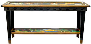 5ft Sofa Table – Handsome dog themed sofa table with a leash framing various dogs on top and a landscape of romping dogs on the lower shelf main view