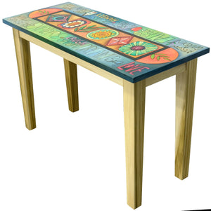 Prototype Sofa Table –  Inspirational words and phrases with decorative icons in the center. Side View.
