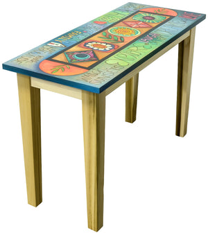 Prototype Sofa Table –  Inspirational words and phrases with decorative icons in the center. Back View.