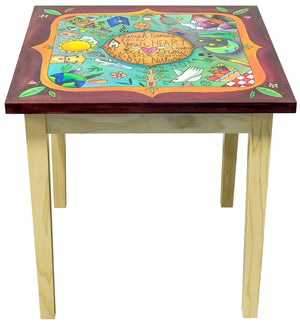 Prototype Square End Table –  Decorative end table with floating icon motif. Front View.