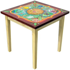 Prototype Square End Table –  Decorative end table with floating icon motif. Side View.