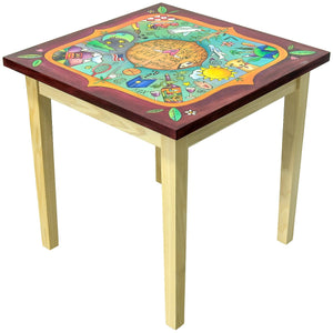 Prototype Square End Table –  Decorative end table with floating icon motif. Back View.