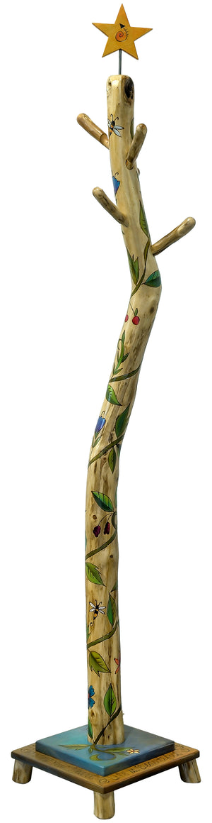 Log Coat Tree –  Twisting floral vine design up a beautiful driftwood log with a few wandering bees. Side view.