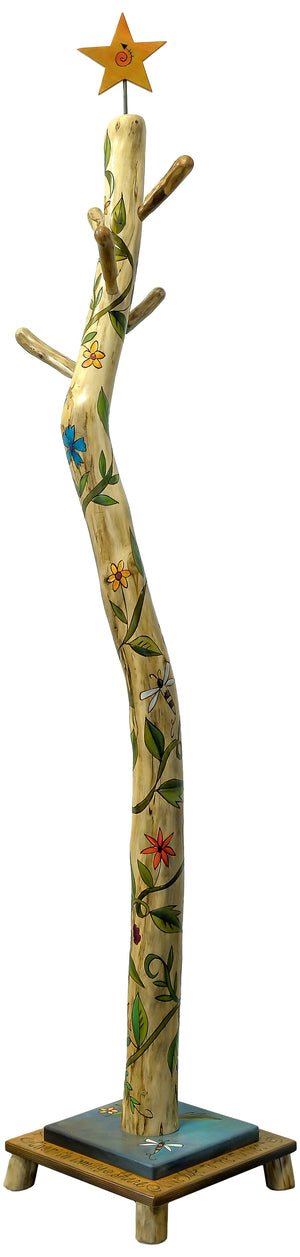 Log Coat Tree –  Twisting floral vine design up a beautiful driftwood log with a few wandering bees. Back view.