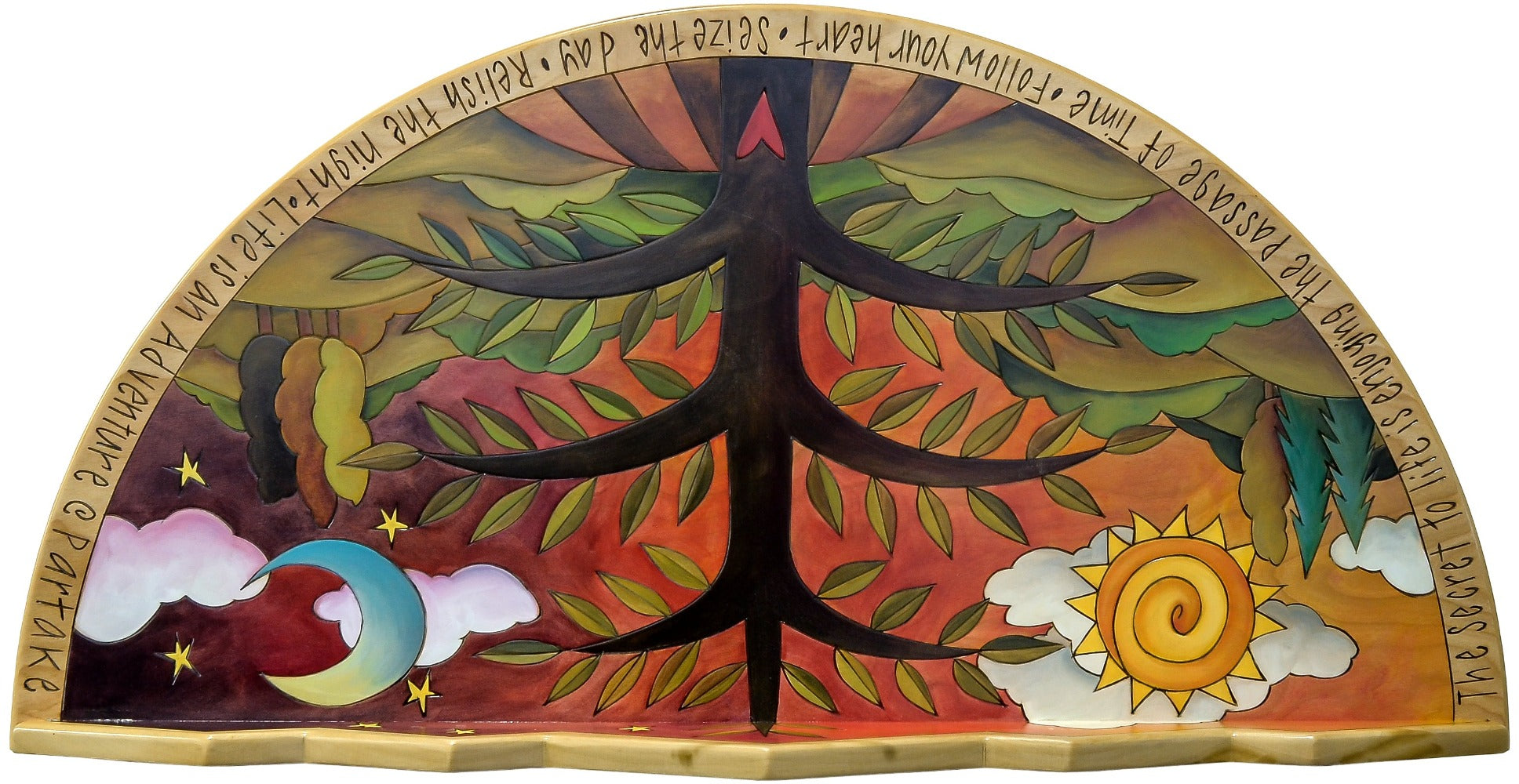 Half round table featuring a simple fall scene with depiction of the tree of life. Top view.