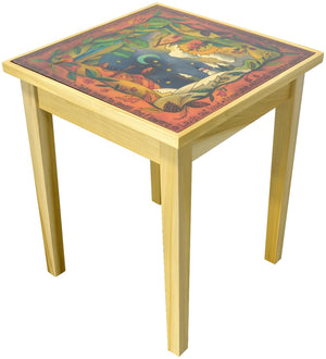 Beautiful end table glass top featuring warm colors with a fall landscape surrounded by vines and inspirational quotes. Side view