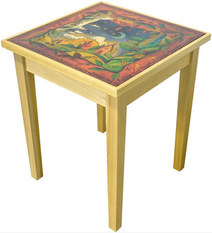 Beautiful end table glass top featuring warm colors with a fall landscape surrounded by vines and inspirational quotes. Other side view