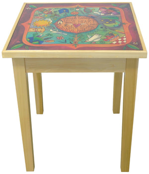 Beautiful end table glass top featuring warm colors with inspirational quotes surrounded by floating icons. Front view